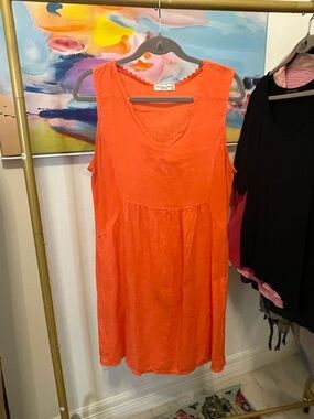 100% Linen Terzo Millennio Bright Orange Sleeveless Linen Dress size Medium